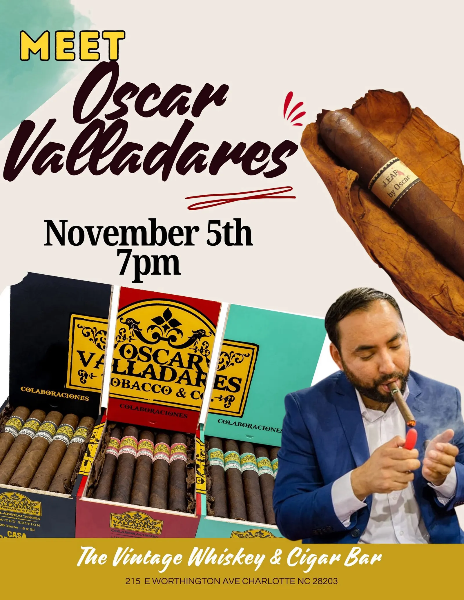 Meet Oscar Valladares flyer for November 5 at 7 PM at The Vintage, with Colaboraciones cigars.
