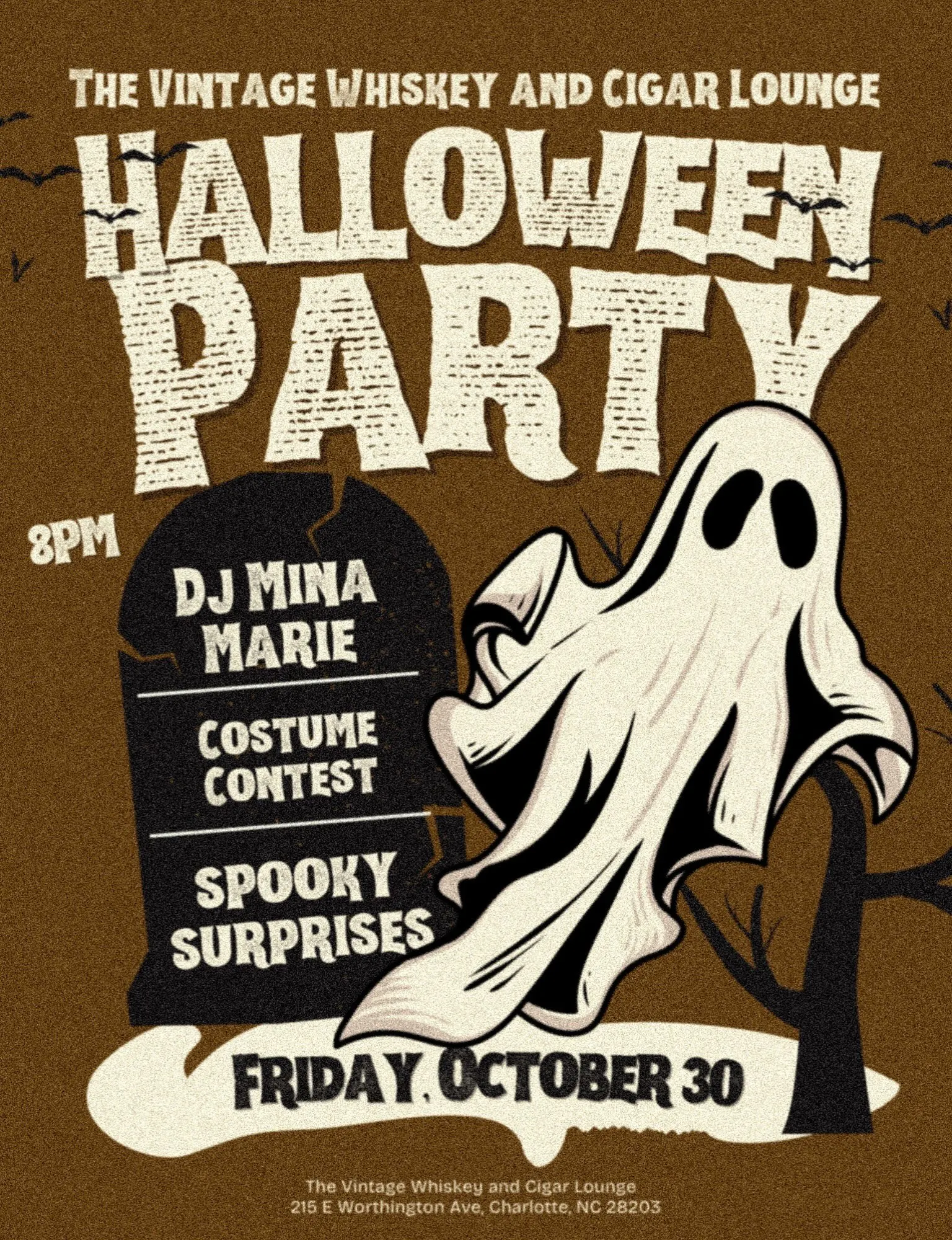 Halloween Party at The Vintage on October 30 at 8 PM, featuring DJ Mina Marie and a costume contest.